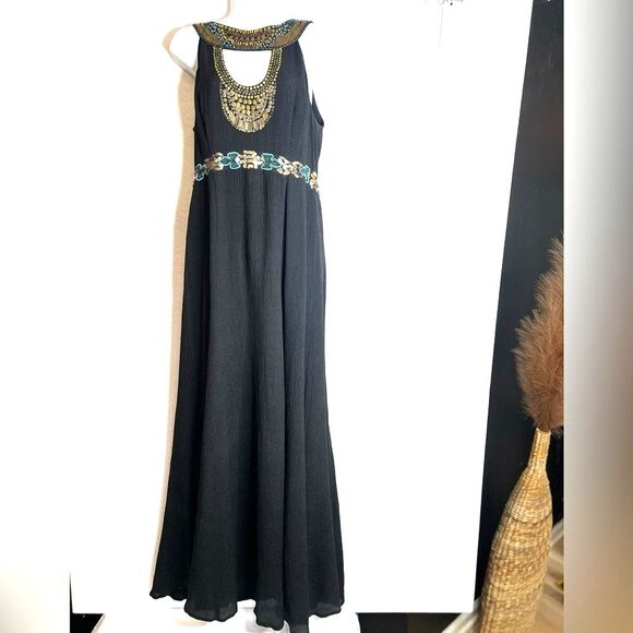 Nanette Lepore Black and Gold sequin and beaded halter bodycon Maxi Dress Sz 12 - Picture 1 of 7